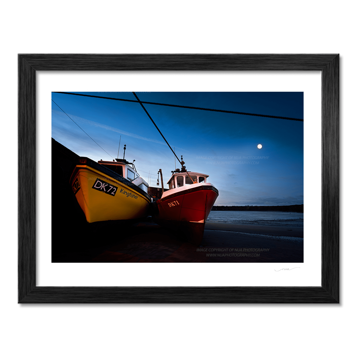 Nua Photography Print Loughshinny Harbour Boats under Moonlight Dawn